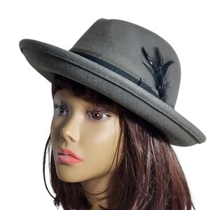 Hats in the Belfry 100% Gray Wool Fedora Black bow hatband and feather